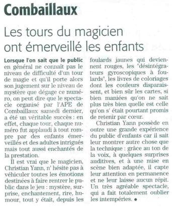 Article de presse sur le spectacle de magie AbracadaShow où des enfants émerveillés participent activement aux tours du magicien lors d’un événement à Combaillaux